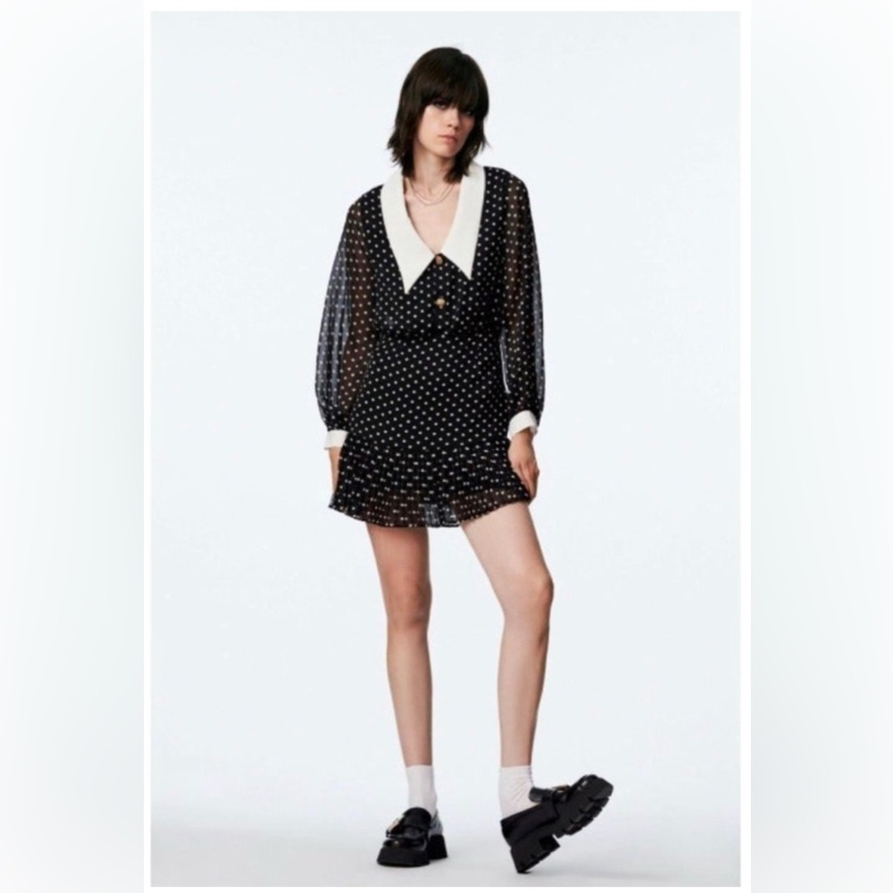 Zara polka dot dress with collar and gold button detail